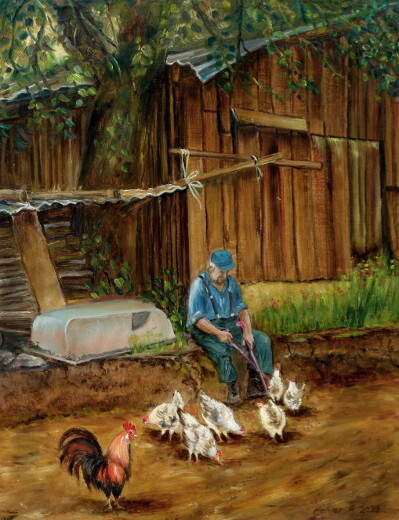 Grand-papa Fluck communie avec ses poules