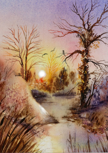 Le couchant brille dans la rivière.