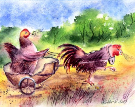 Le coq tire un char romain conduit par une poule